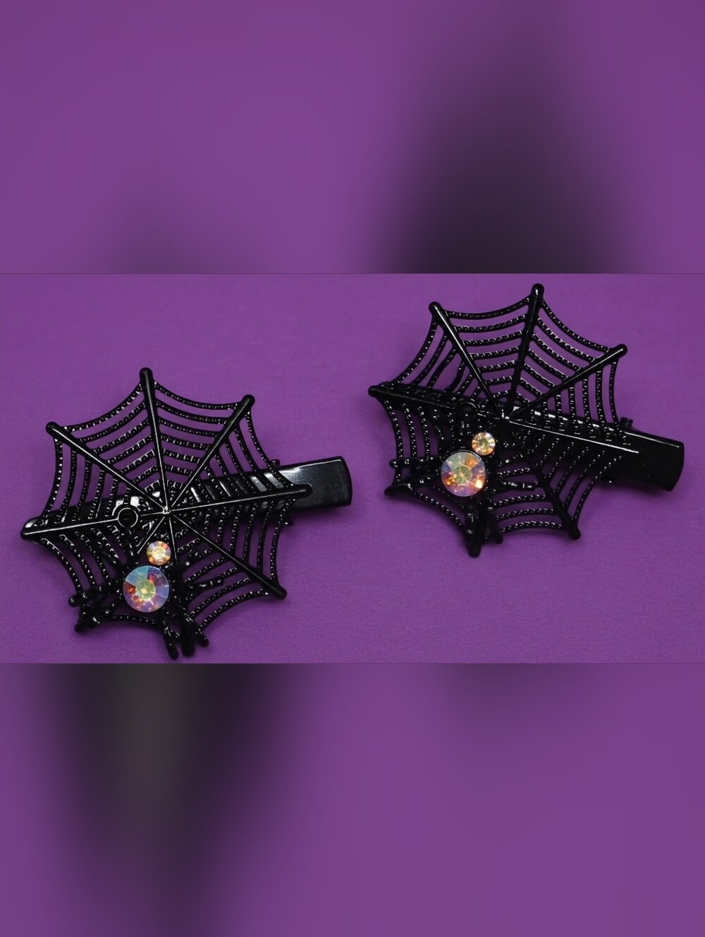 NWOT Pair of Black Metal Spider Web Hair Clips w/ Iridescent Rhinestone